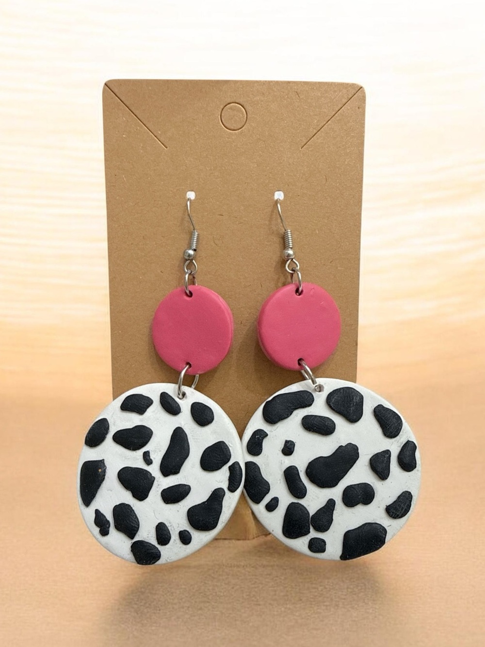Handmade Polymer Clay Pink & Black Cow Print Dangle Earrings